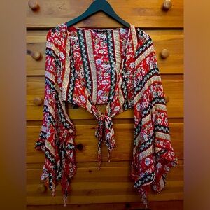 Red Patterned Cropped Tie-Up Cardigan